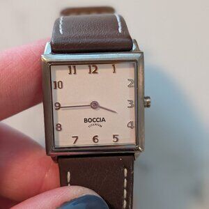 Boccia Titanium women's watch with a square case and brown leather strap